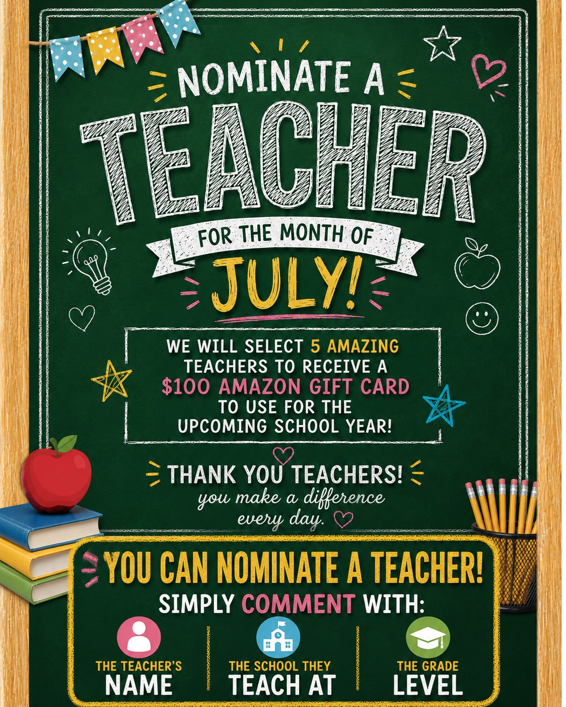 🍎✏️ Do you know an incredible teacher who goes above and beyond every day? Now’s your chance to give them the recognition they deserve! ♥️

This July, we’re celebrating the amazing educators in our community by giving FIVE deserving teachers each a $100 Amazon Giftcard to help them get ready for the upcoming school year 📚✨

🍏 To nominate a teacher, simply comment their name, school, and grade they teach below 👇

Nominations are open all month long, and our 5 winners will be selected at the beginning of August! 🩵

#TeacherAppreciation #WeLoveOurTeachers #Community #Orthodontist #Orthodontics #SouthwestFlorida