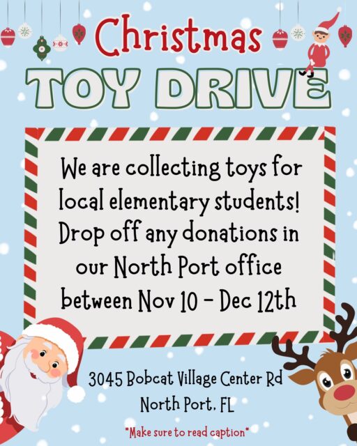 🎁✨Help us spread holiday joy! We’re collecting new toys for local elementary students because every child deserves a reason to smile this season 💛 Together, we can make the season brighter! 🌟 Drop off your donations at your next appointment or stop by our North Port office between Nov 10-Dec 12! Make sure to check the dates below that we will be in the office. 🎄🎅🏼
📍 3045 Bobcat Village Center Rd North Port, FL
We will be in the North Port office on the following dates: November 10, 12, 14, 18, 20, 21, 24, 26 (half day), Dec 2, 4, 5, 8, 10