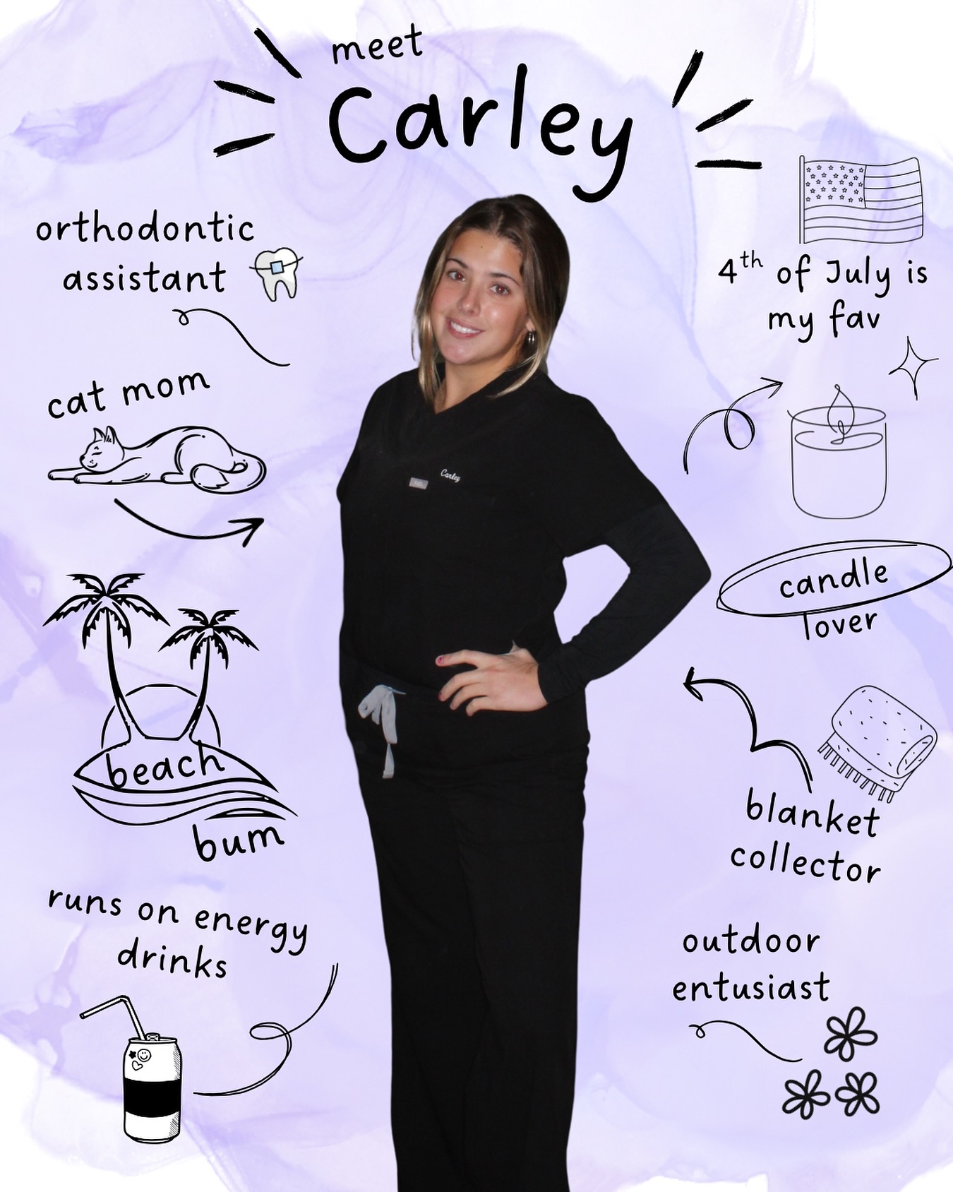 Say hi to Carley! ✨ She’s our beach-loving, cat-cuddling, candle-burning, blanket-snuggling orthodontic assistant who makes every day brighter! ☀️💙 Bonus fact: she lives for the 4th of July! 🇺🇸🎆